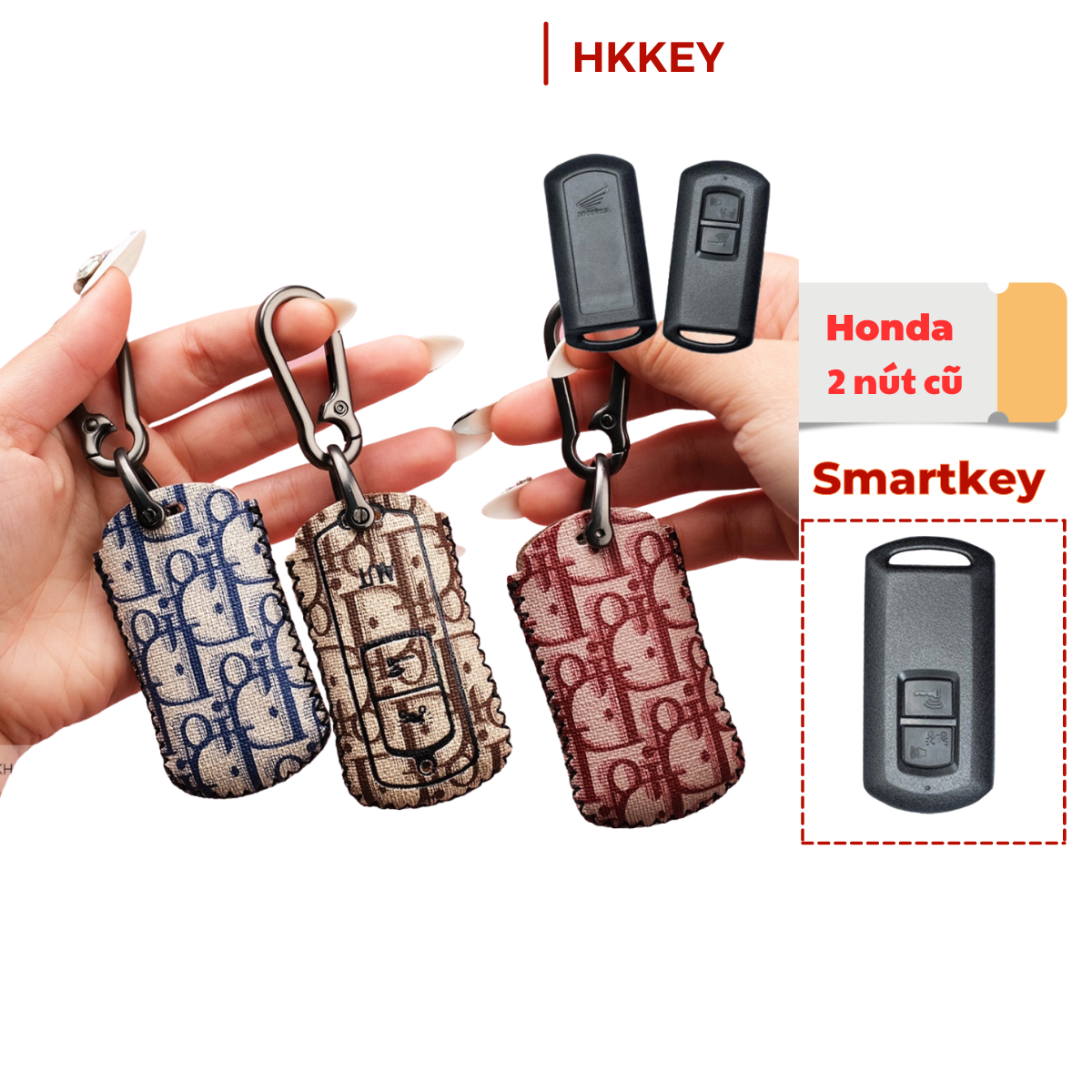 Bao da bảo vệ chìa khoá Smartkey Honda AB Air Blade Honda Lead Vision Vario Click 2 nút cũ Dior khâu tay móc đen