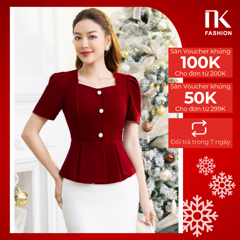 Áo nhung peplum tay ngắn nk fashion nksm2211003 thiết kế cổ vuông sang trọng chất vải nhung mịn cao cấp