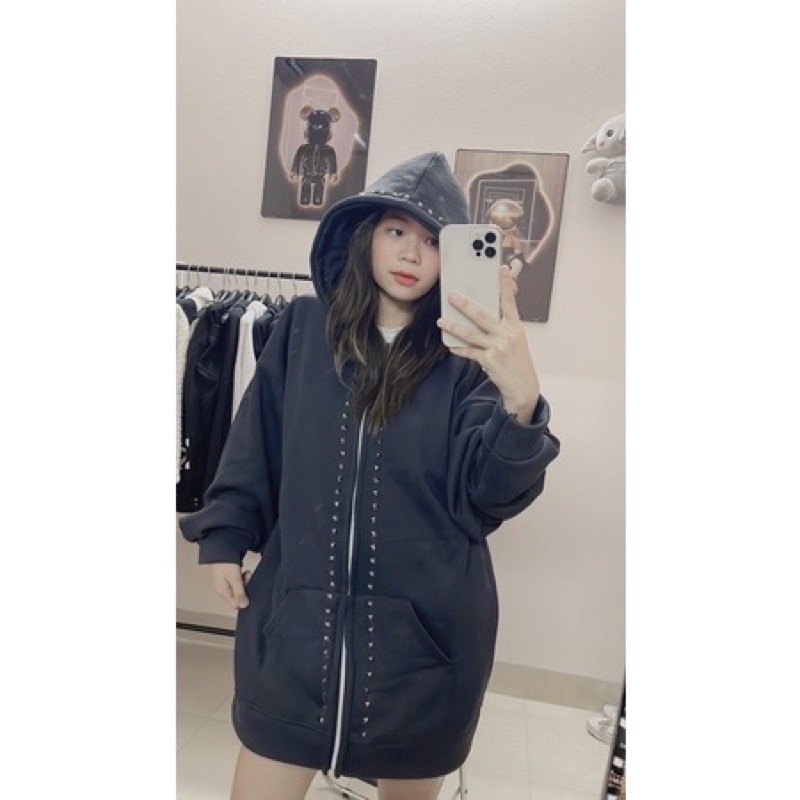 Áo khoác hoodie đính viền đá, áo khoác nỉ đính đá nam nữ siêu ngầu
