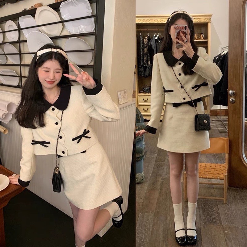 Set dạ Tweet cổ sen lượn sóng phối màu đen kèm chân váy chữ A - 247storeFashion - Setdaviensong1055_P13K10