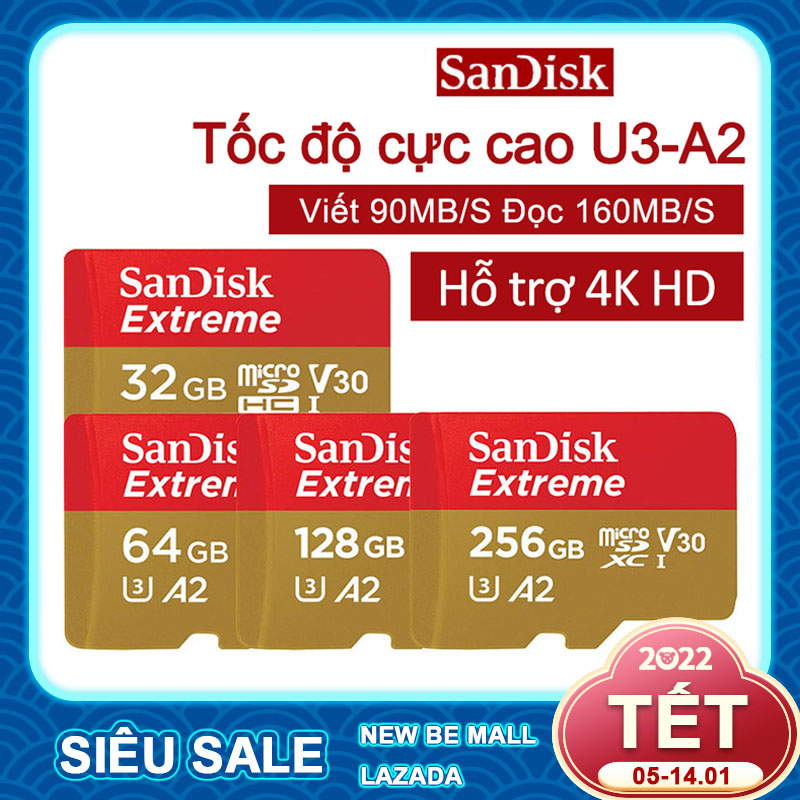 {Free shipping}【New Be】Thẻ nhớ MicroSDXC SanDisk Extreme A2 - 256GB/128GB/64GB/32GB Bốn lựa chọn V30 U3 4K Class 10 UHS-I 160MB/s (SDSQXA1-256G/128G/64G/32G -GN6MA)