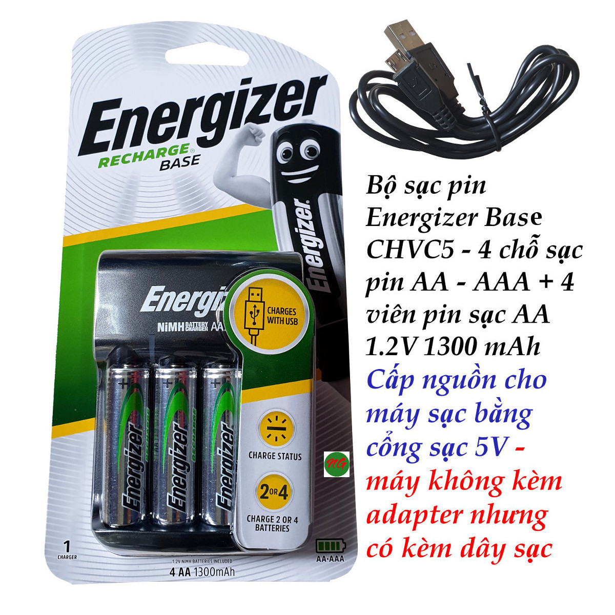 Máy sạc pin Energizer CHVC5 kèm 4 viên pin AA 1300mAh 1.2V - cấp nguồn điện bằng cổng sạc USB 5V