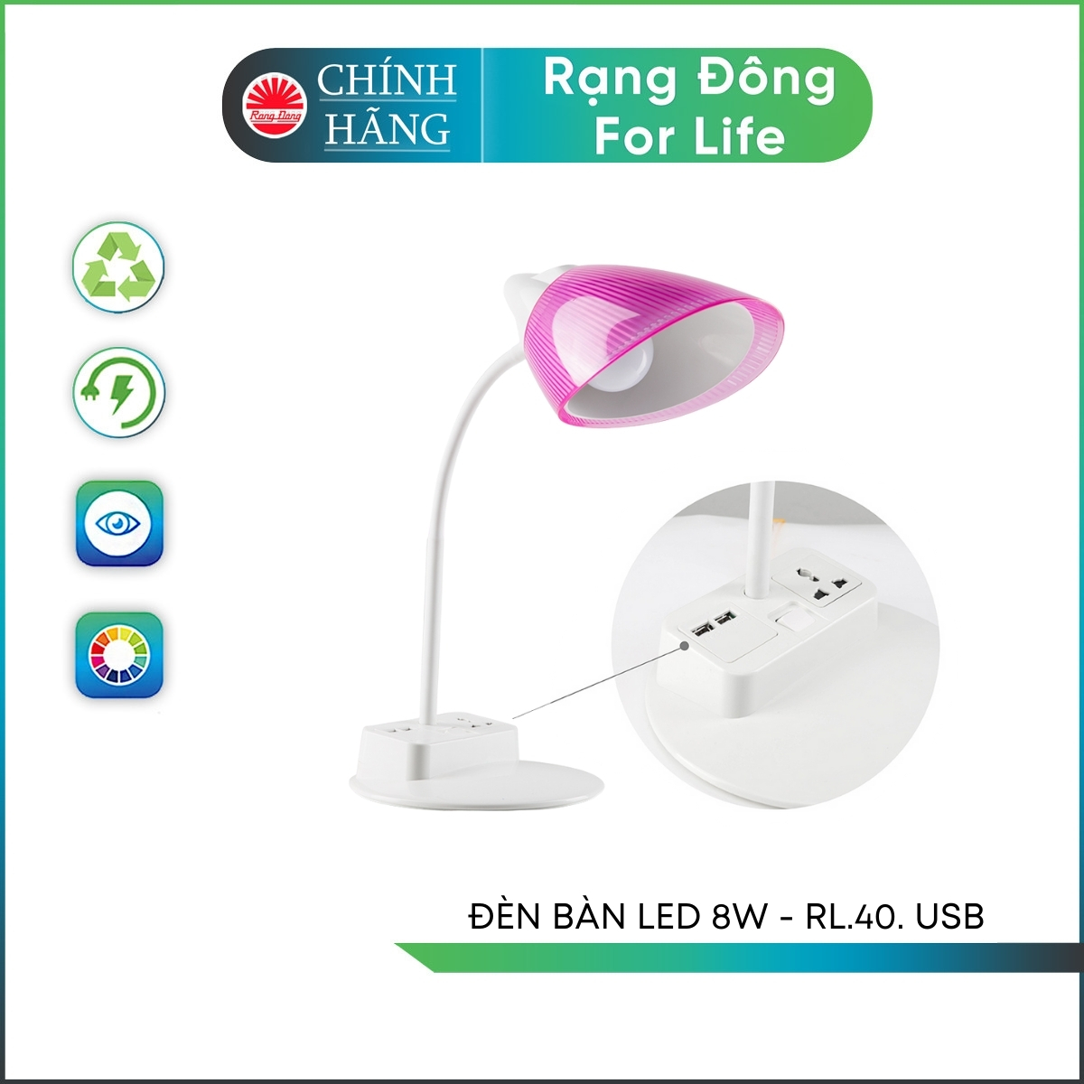 Đèn bàn làm việc Rạng Đông RDRL-40 chip LED Sunlike 8W bảo vệ thị lực, tích hợp ổ cắm điện và usb