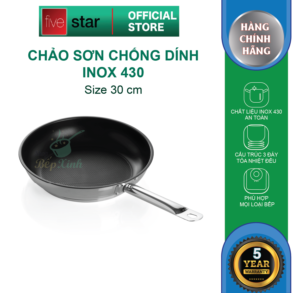 Chảo chống dính inox 430 cao cấp Fivestar Standard  , 3 đáy dùng được bếp từ , hồng ngoại , gas