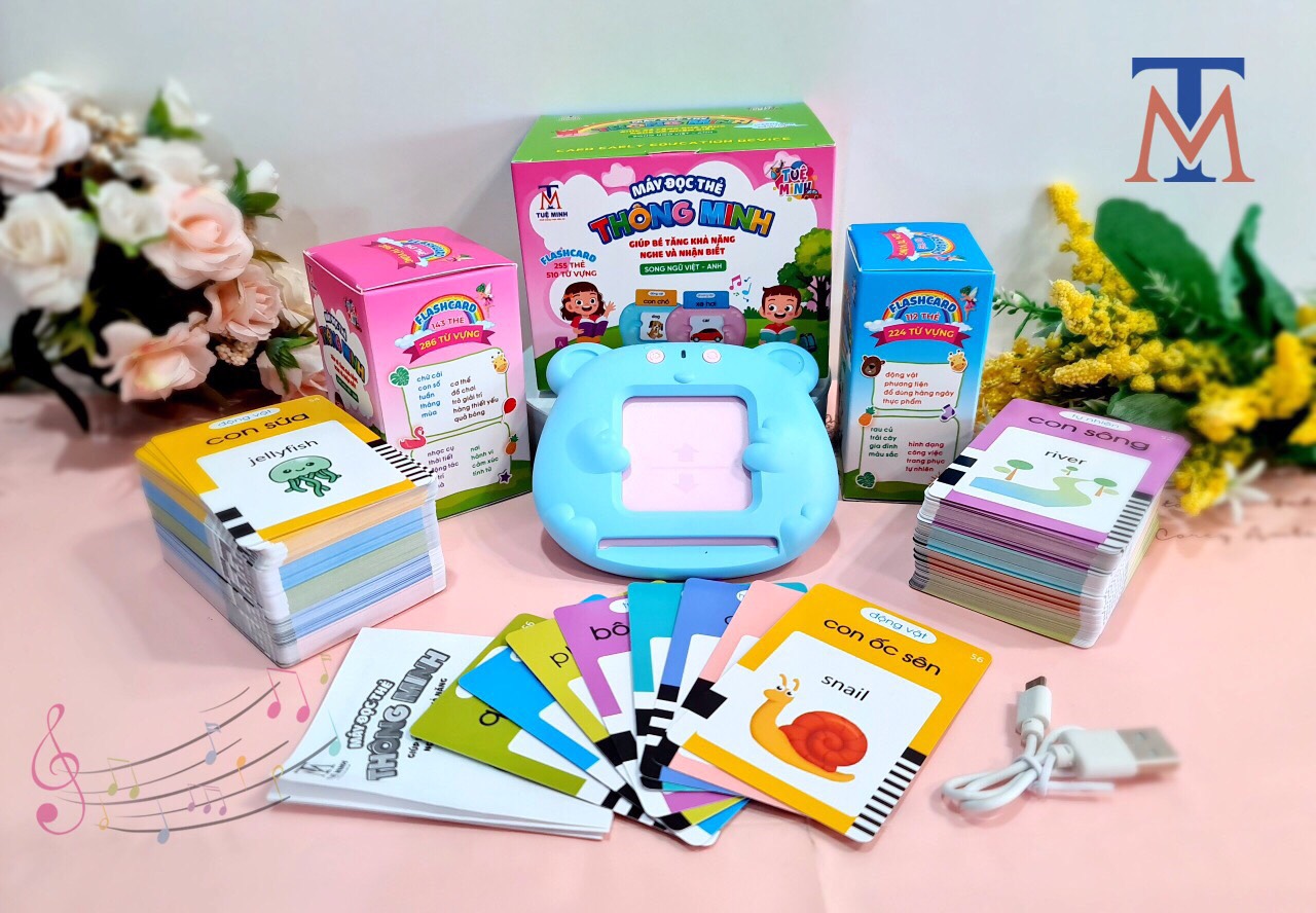 Máy đọc thẻ từ vựng Tiếng Anh Tiếng Việt flashcard 255 thẻ 510 từ vựng tiếng anh tặng kèm dây sạc pin - Smart Baby