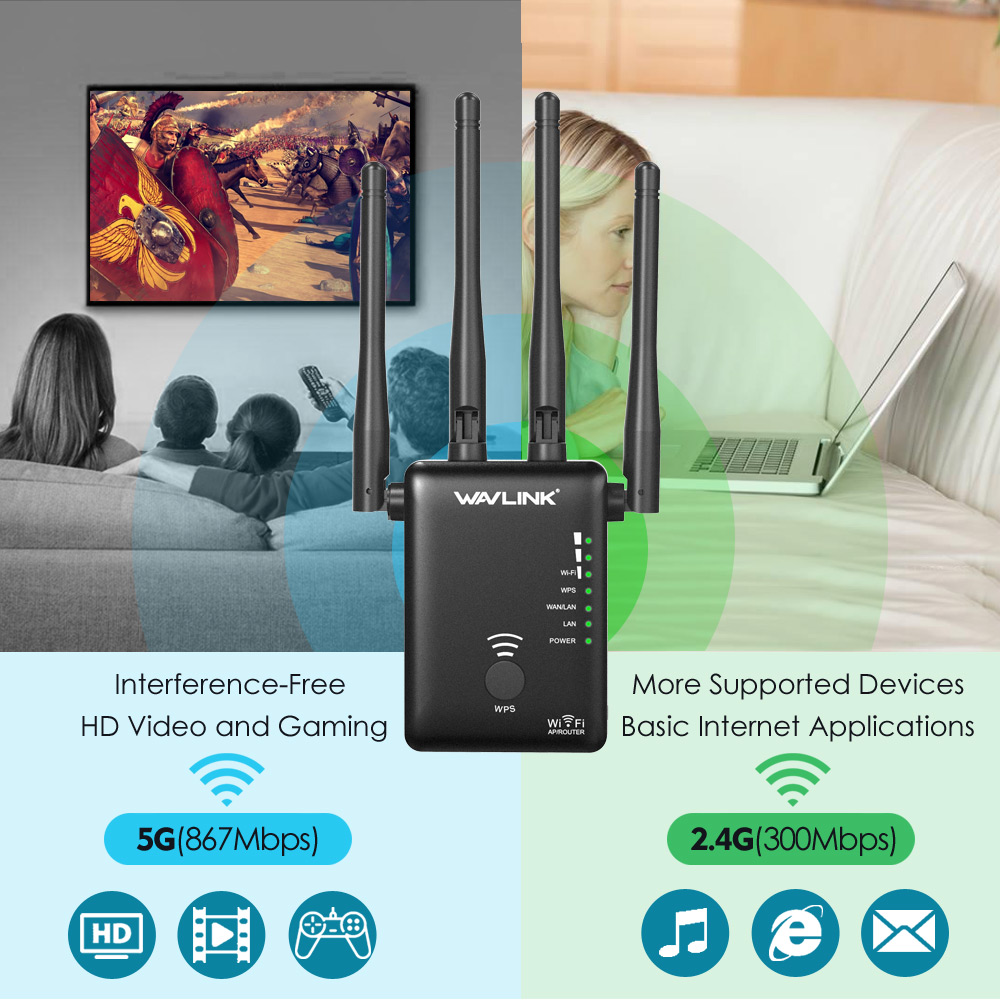wavlink ac1200 không dây repeater tăng cao kép phạm vi mở rộng và router tăng cường tín hiệu hỗ trợ 802.11ac (300 mbps + 867 mbps) nút wps với 4 ăng ten ngoài-đen-quốc tế(eu plug) 1