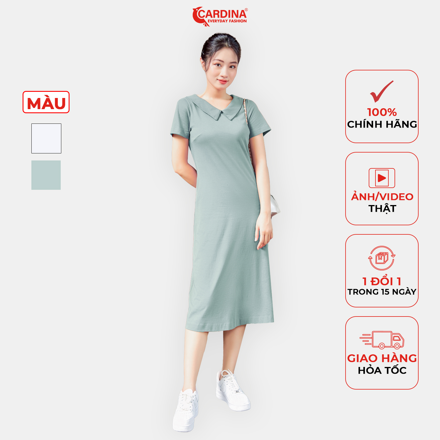 Đầm polo Nữ CARDINA Chất Cotton Cao Cấp Cổ Đức Dáng Dài Có Cúc Sau Điệu Đà 3VAD04