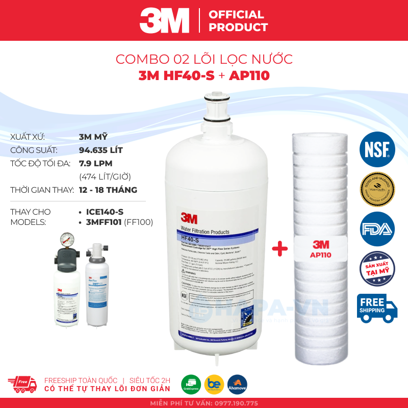 Lõi lọc 3m hf40-s thay cho máy lọc nước 3m ice140-s 3mff101 ice140s hf40s ff100, nhập khẩu mỹ - hàng chính hãng 3m