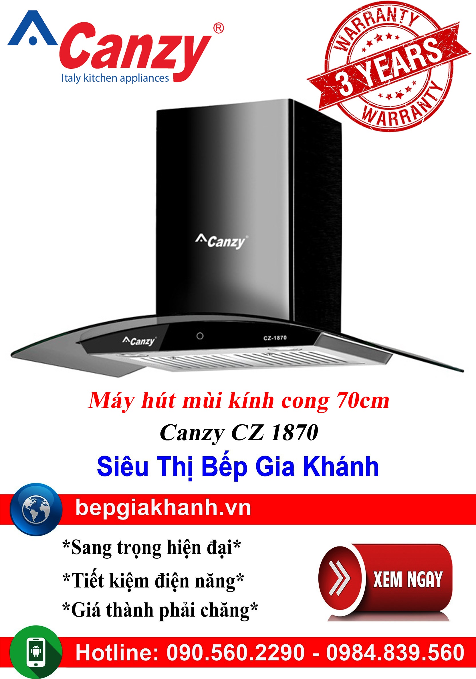 [HCM]Máy hút mùi kính cong 70cm Canzy CZ 1870, máy hút mùi nhà bếp, máy hút mùi bếp, máy hút mùi kín