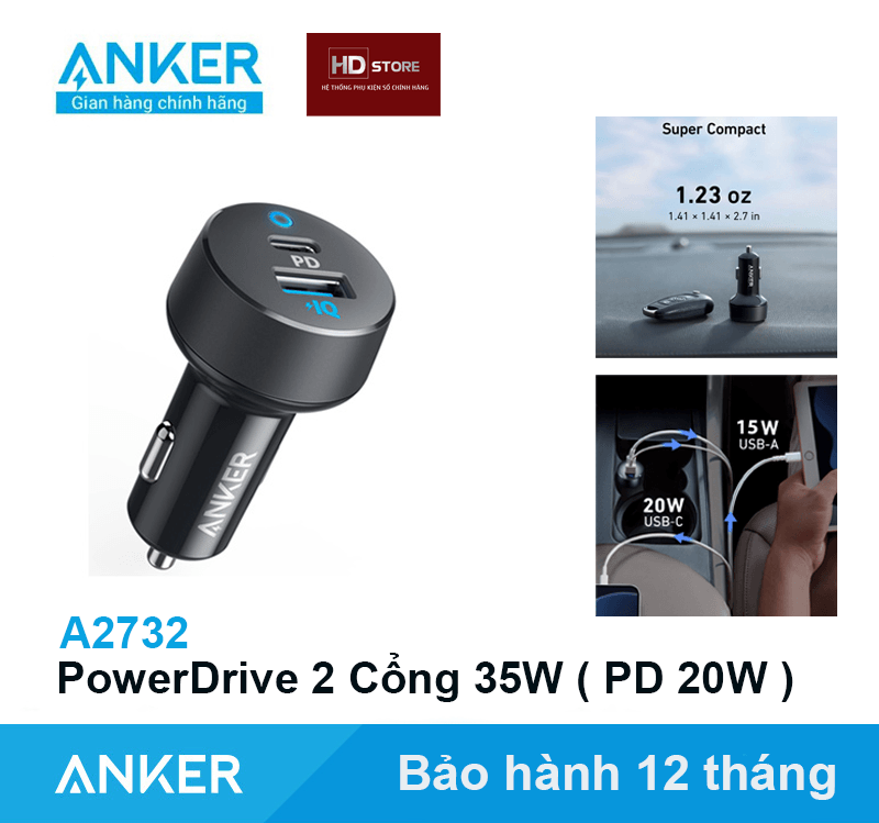 Tẩu sạc nhanh ô tô anker powerdrive pd+2 35w - a2732 sạc nhanh pd 20w iphone ipad trên xe hơi oto a2720 a2721