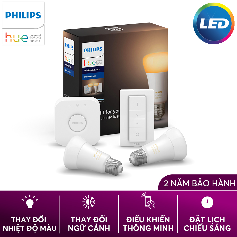 Bộ 2 bóng đèn thông minh philips hue white ambiance starter kit 8.5w a60 e27 kèm bridge và dimmer