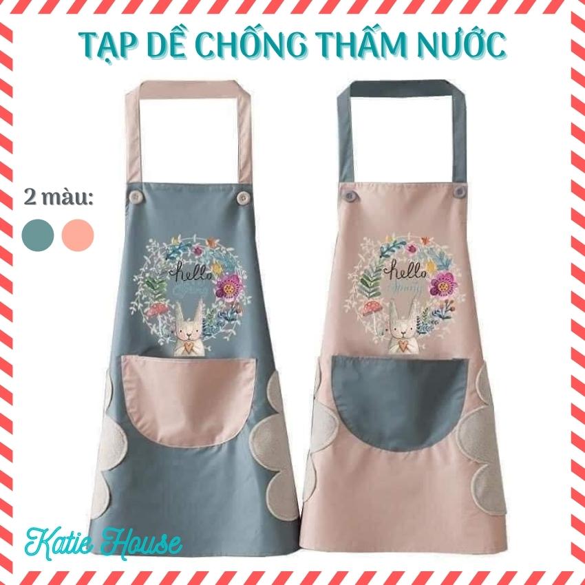 Tạp dề chống thấm nước nhà bếp, tạp dề nam nữ hình hoa thỏ, có lau tay hai bên và túi đựng đồ tiện lợi