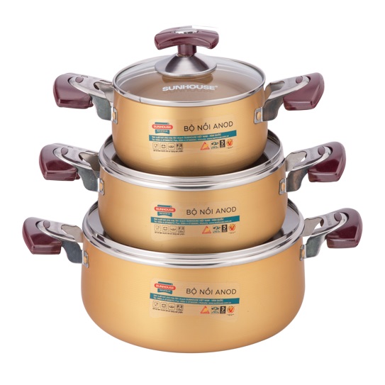 Bộ 3 nồi nhôm anod Sunhouse SH6633/ SH6634 - Đường kính 16/18-20/24 (cm) - Bảo hành 12 tháng
