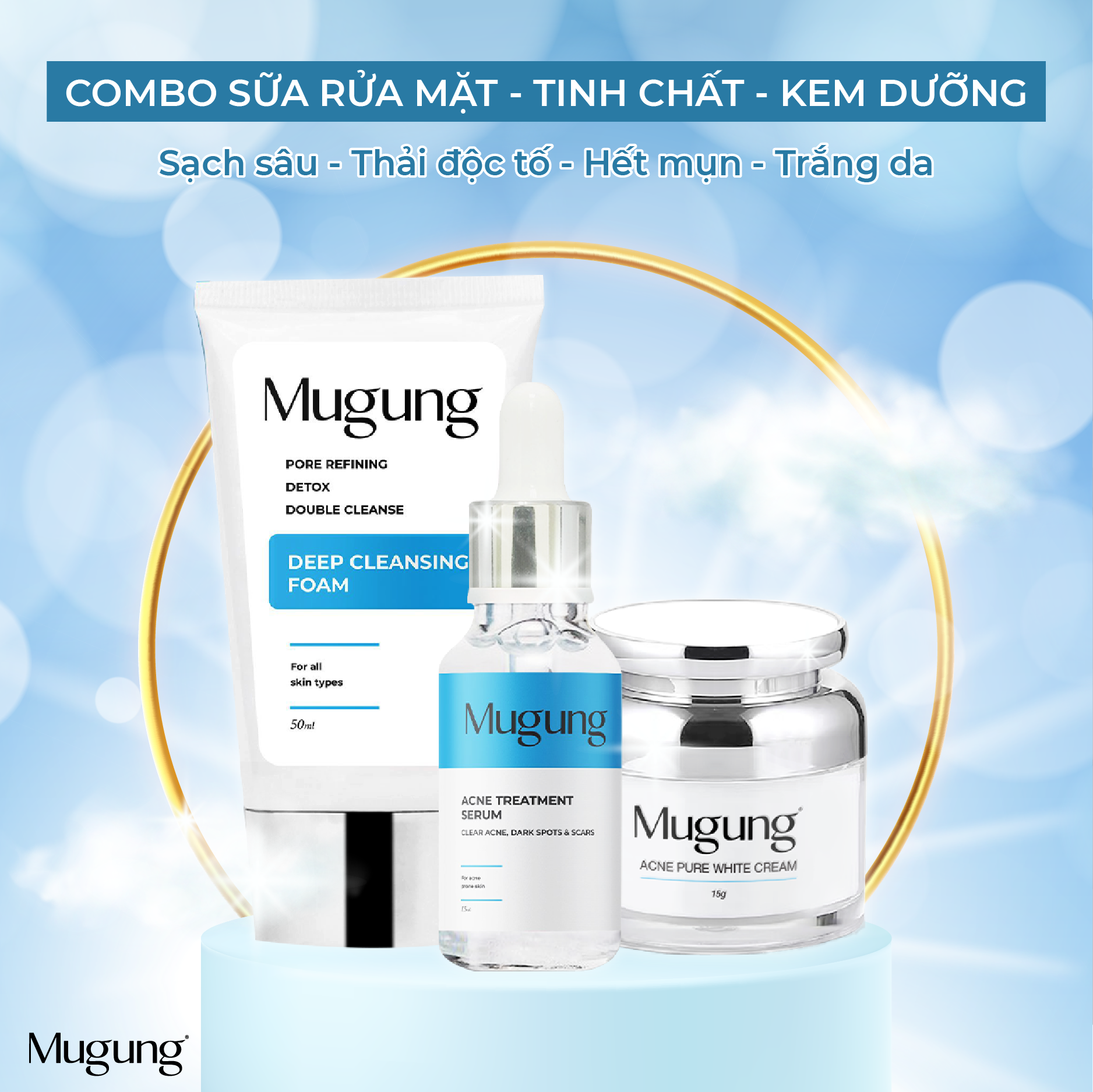 Bộ 3 chăm sóc da mụn trắng da Mugung gồm serum acne treatment, Kem dưỡng da phục hồi và sữa rửa mặt không bong da bí quyết đáng bay mụn