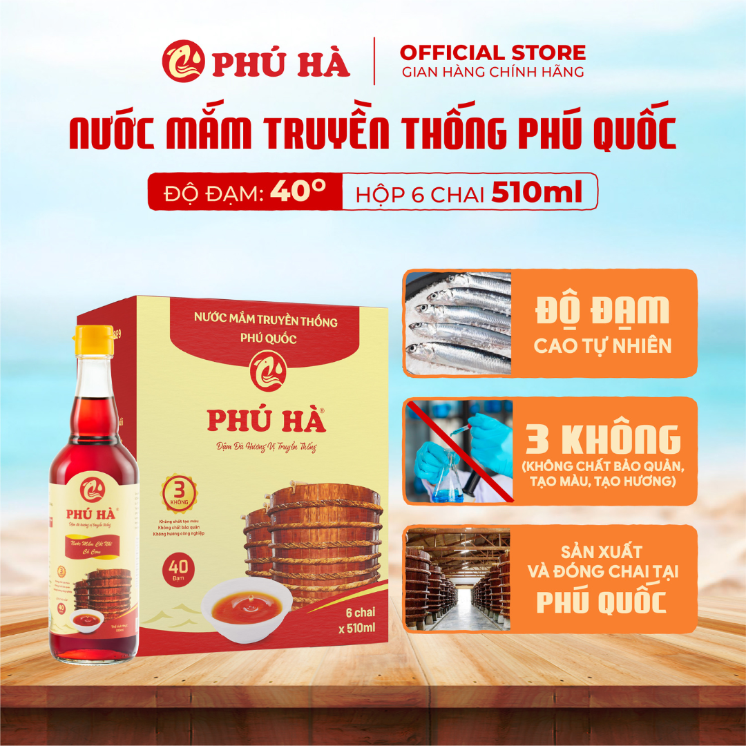 Nước mắm truyền thống Phú Quốc Phú Hà Cao Cấp 40 độ đạm - Hộp 6 chai 510ml