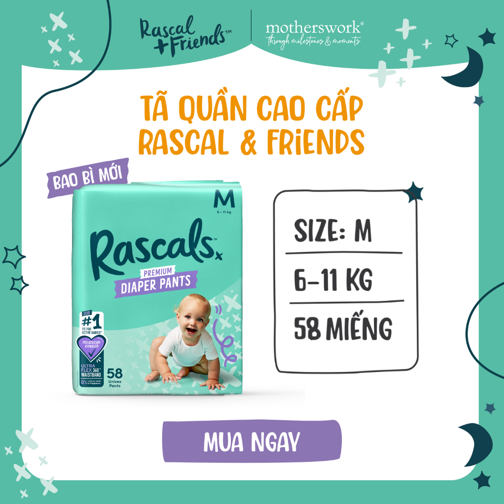 Tã/Bỉm Quần Cao Cấp Rascal + Friends Size M 6-11kg, 58 miếng - motherswork
