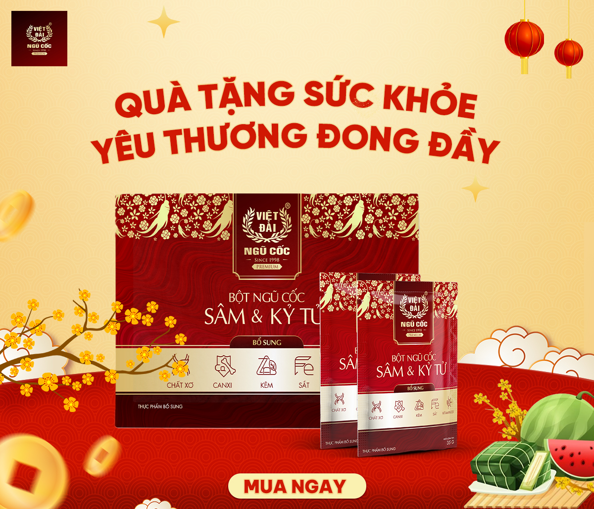 Bột Ngũ Cốc Nhân Sâm Kỷ Tử Việt Đài Không Đường Kính Hộp Quà Tặng 700g Tặng kèm túi giấy Cao Cấp Bổ Sung Dinh Dưỡng Giỏ Quà Tặng Tết Sức Khỏe 20 Gói X 35g