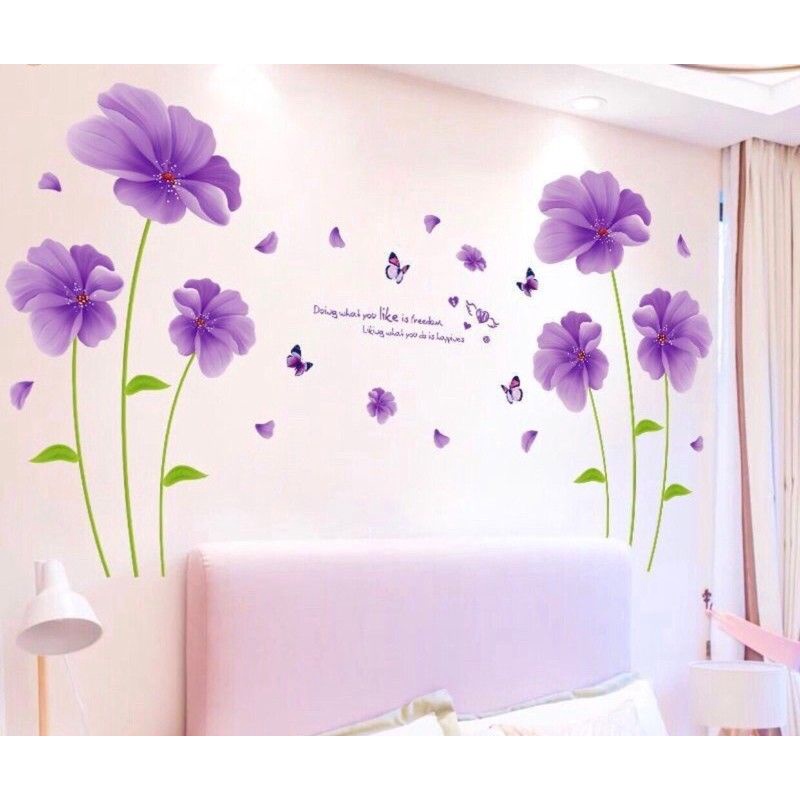 Decal dán tường hoa tím, trang trí phòng khách, phòng ngủ
