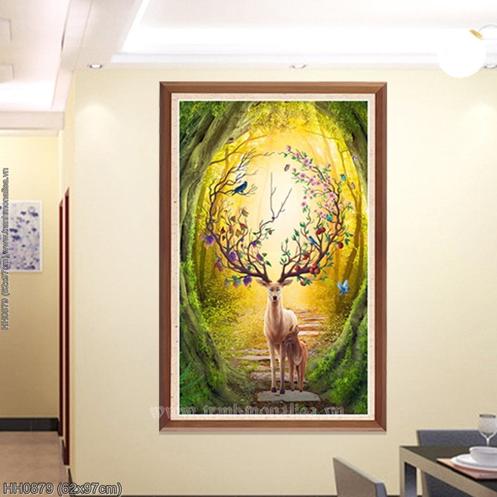 (HH0879) Tranh thêu kín Lộc gõ cửa Hươu nai phát tài 62×97 cm