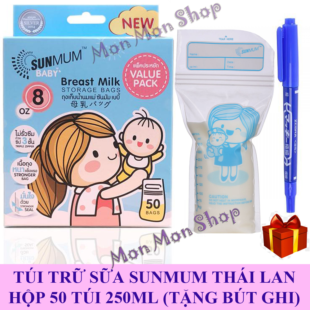 [Tặng bút ghi - Hộp nguyên tem] Túi trữ sữa Sunmum Thái Lan 250ml ( Hộp 50 túi )