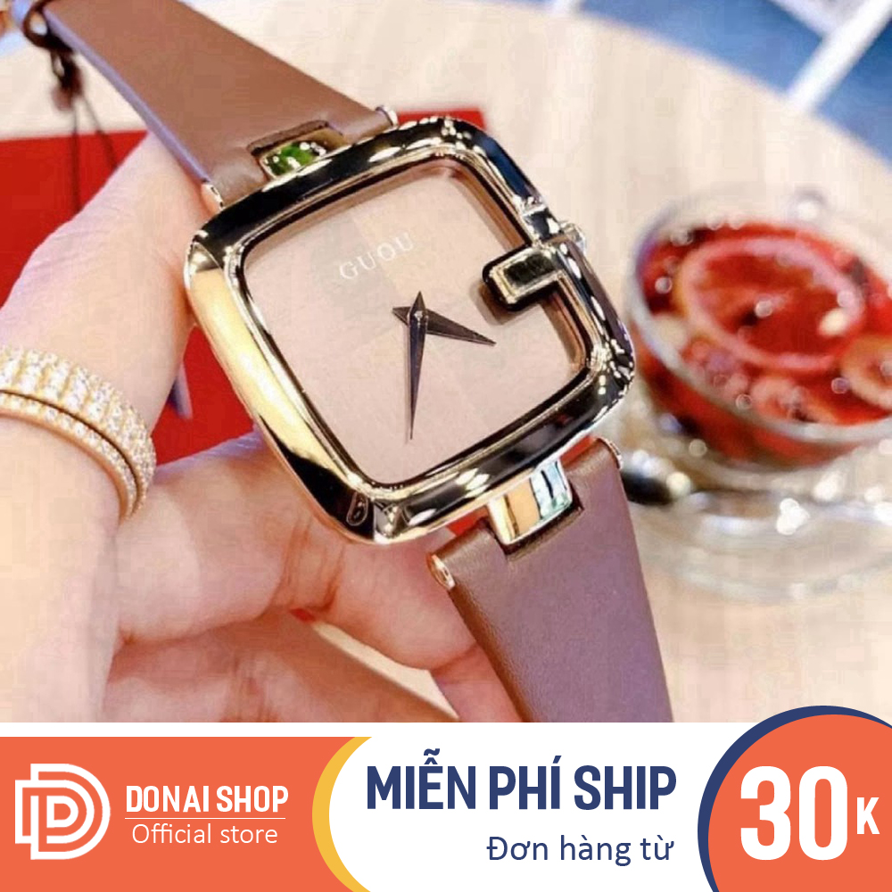 Đồng hồ nữ đẹp mặt vuông sang trọng dây da cao cấp máy thạch anh có lịch chạy 3 kim G210.DONAI - Đồng hồ đeo đi học, đồng hồ đi làm hoặc đi chơi