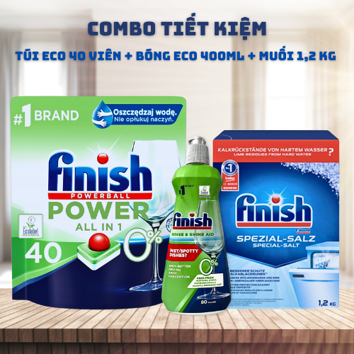Combo 40 viên rửa bát finish all in 1 max hữu cơ eco 0% + nước làm bóng finish hữu cơ eco 0% 400ml + muối làm mềm nước finish 1,2kg .