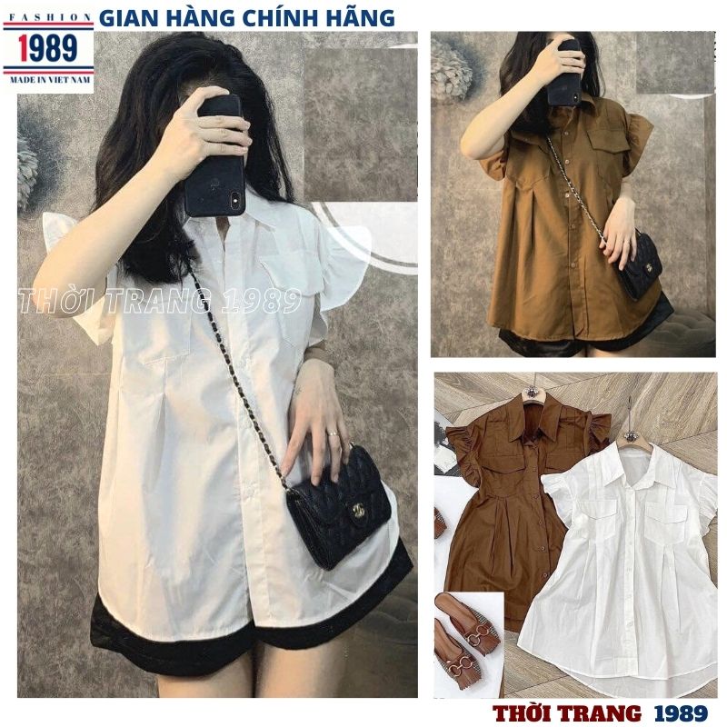 Áo sơ mi cánh tiên 2 mầu kiểu dáng hàn quốc ulzzang , áo sơ mi công sơ , áo sơ mi tiểu thư bánh bèo dễ thương -THỜI TRANG 1989