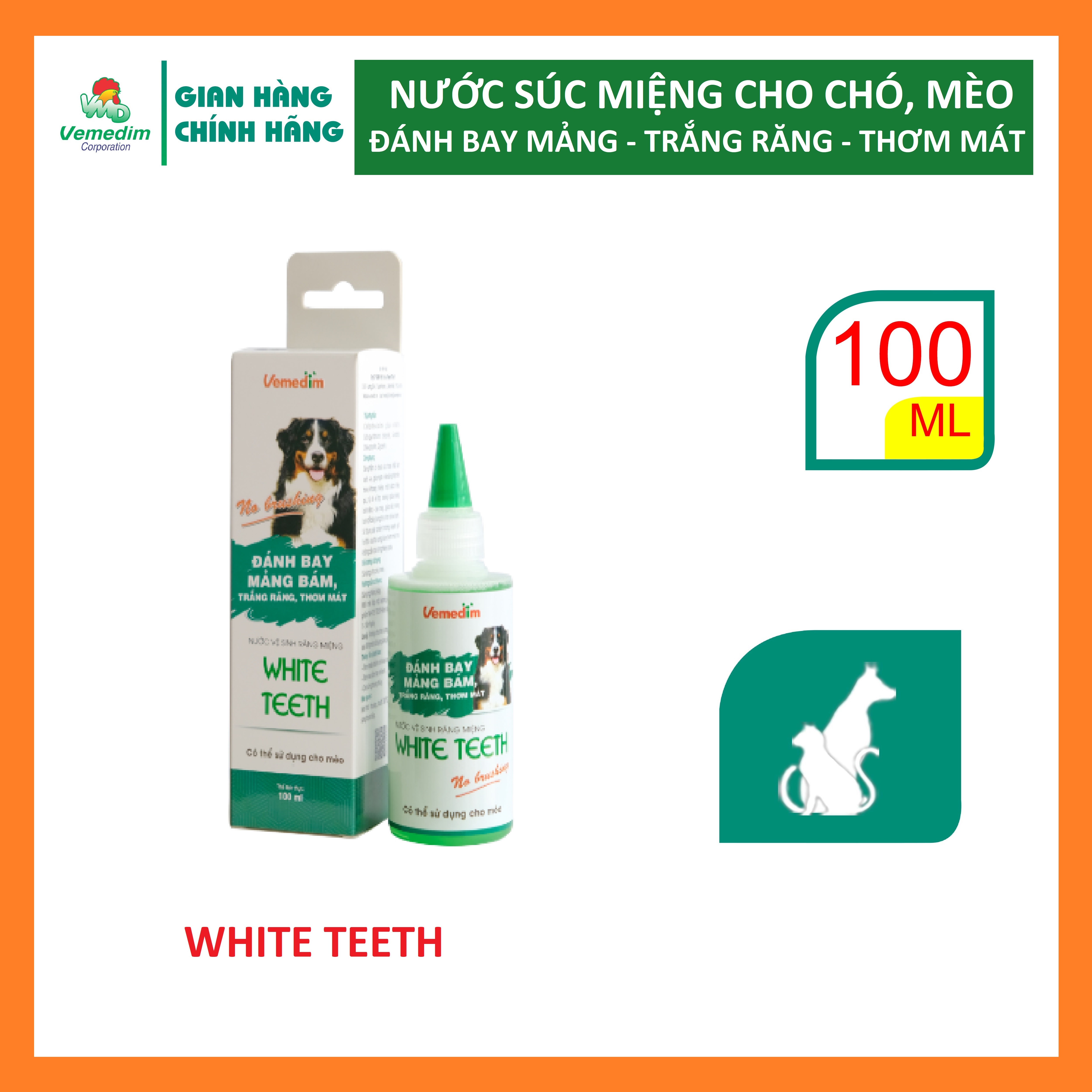"Hoàn tiền đến 10%" Vemedim White Teeth Nước súc miệng cho chó mèo, trắng răng, đánh bay mảng bám, chai 100ml
