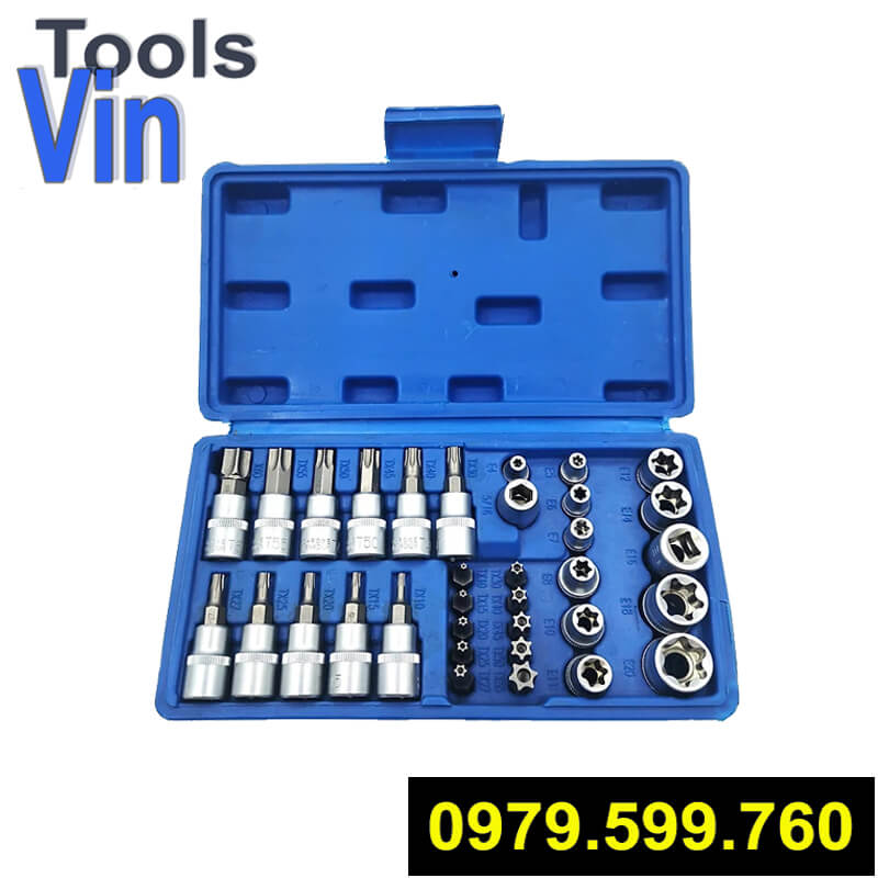 Bộ khẩu E 34 chi tiết chuyên vặn ốc bulong chìm, dạng sao, hoa thị