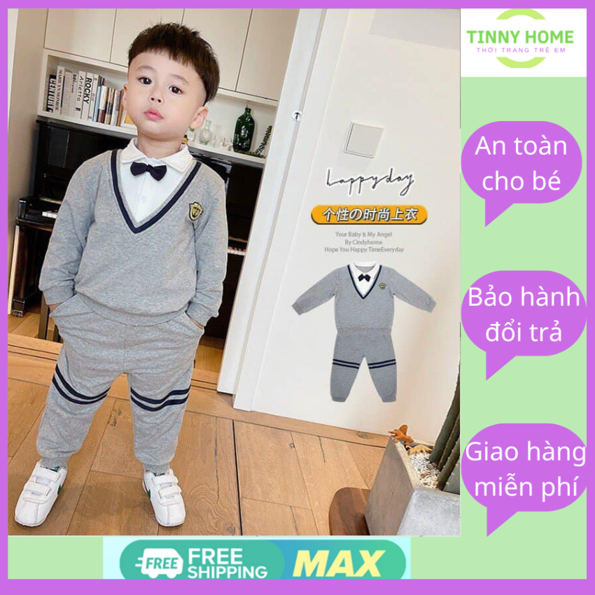 Bộ quần áo thu đông cho bé trai, Tinny home, thiết kế cổ sơ mi kèm nơ cực chất cho bé từ 10kg đến 24kg, kiểu basic cho bé đi học, đi chơi, cực đẹp
