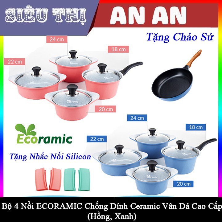 Bộ 4 nồi gốm sứ ceramic ECORAMIC bếp từ chống dính 0801 size 18 20 22 24 cm xanh hồng tặng 2 nhắc nồi sillicon và chảo gốm từ 22 cm