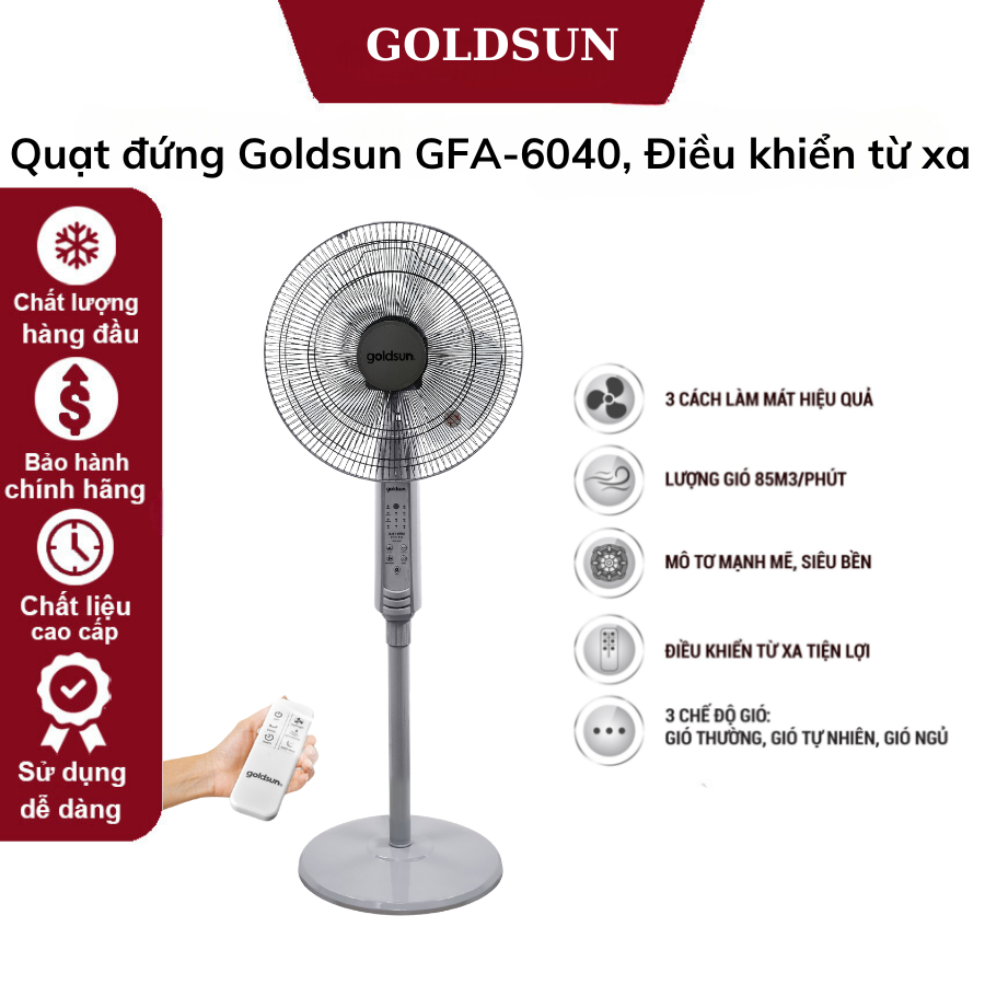 Quạt đứng Goldsun GFA-6040, Điều khiển từ xa,  Công suất mạnh mẽ, Bảo hành 12 tháng