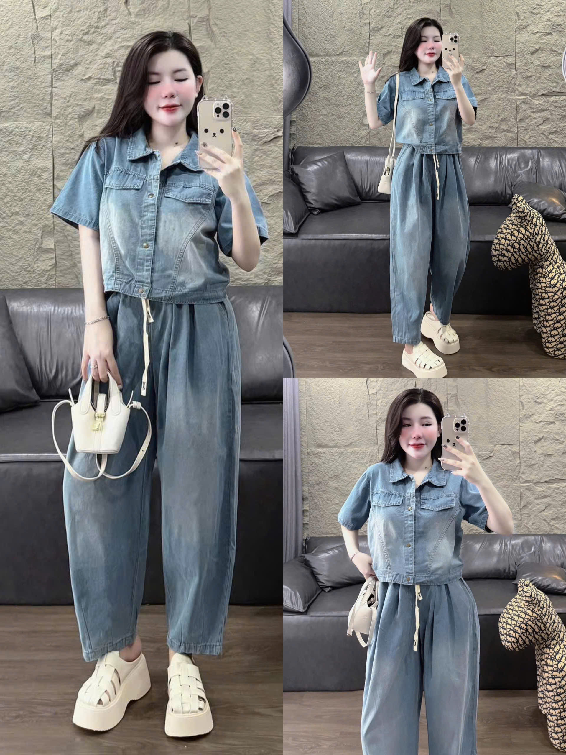  Set bộ đồ Nữ chất Jeans hàng Quảng Châu dày dặn áo sơ mi tay ngắn phối quần dài ống rộng rút dây eo trẻ trung cá tính 