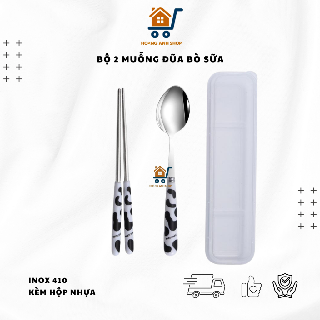 Bộ 2 Muỗng Đũa Inox Cán Nhựa Bò Sữa – Kèm Hộp Nhựa Sinh Học Tiện Lợi, Mang Đi Tiện Lợi
