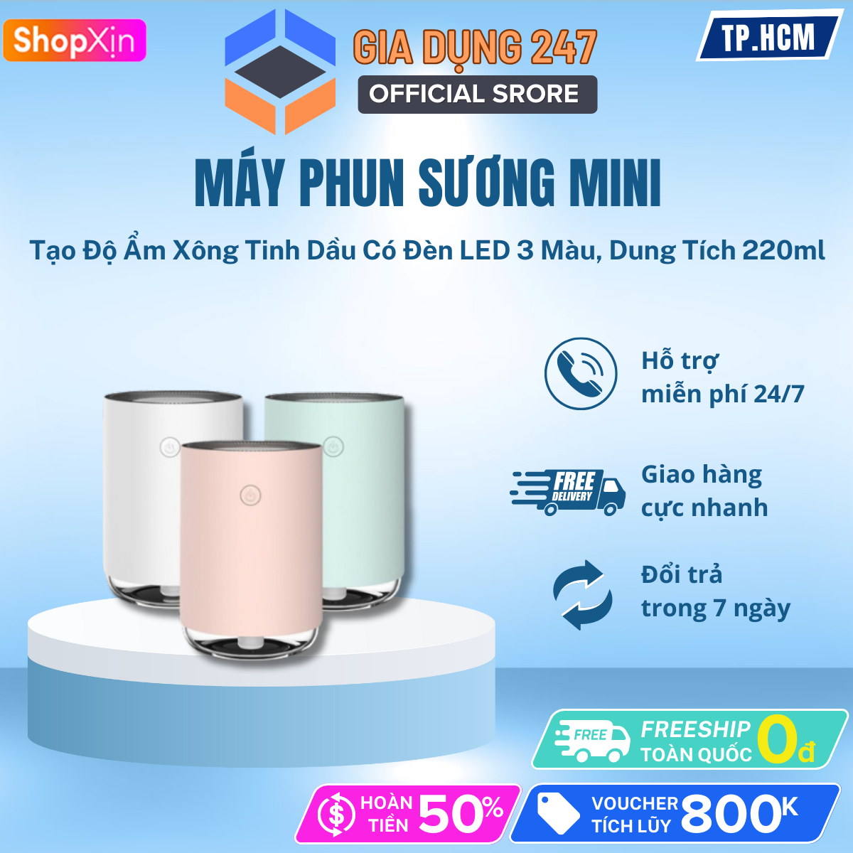 Máy phun sương mini jiashi tạo độ ẩm xông tinh dầu có đèn led 3 màu, máy phun sương mini kiểu dáng hiện đại, máy phun sương dung tích 220ml, máy xông tinh dầu máy phun sương tạo ẩm máy phun sương máy khuếch tán tinh dầu máy phun