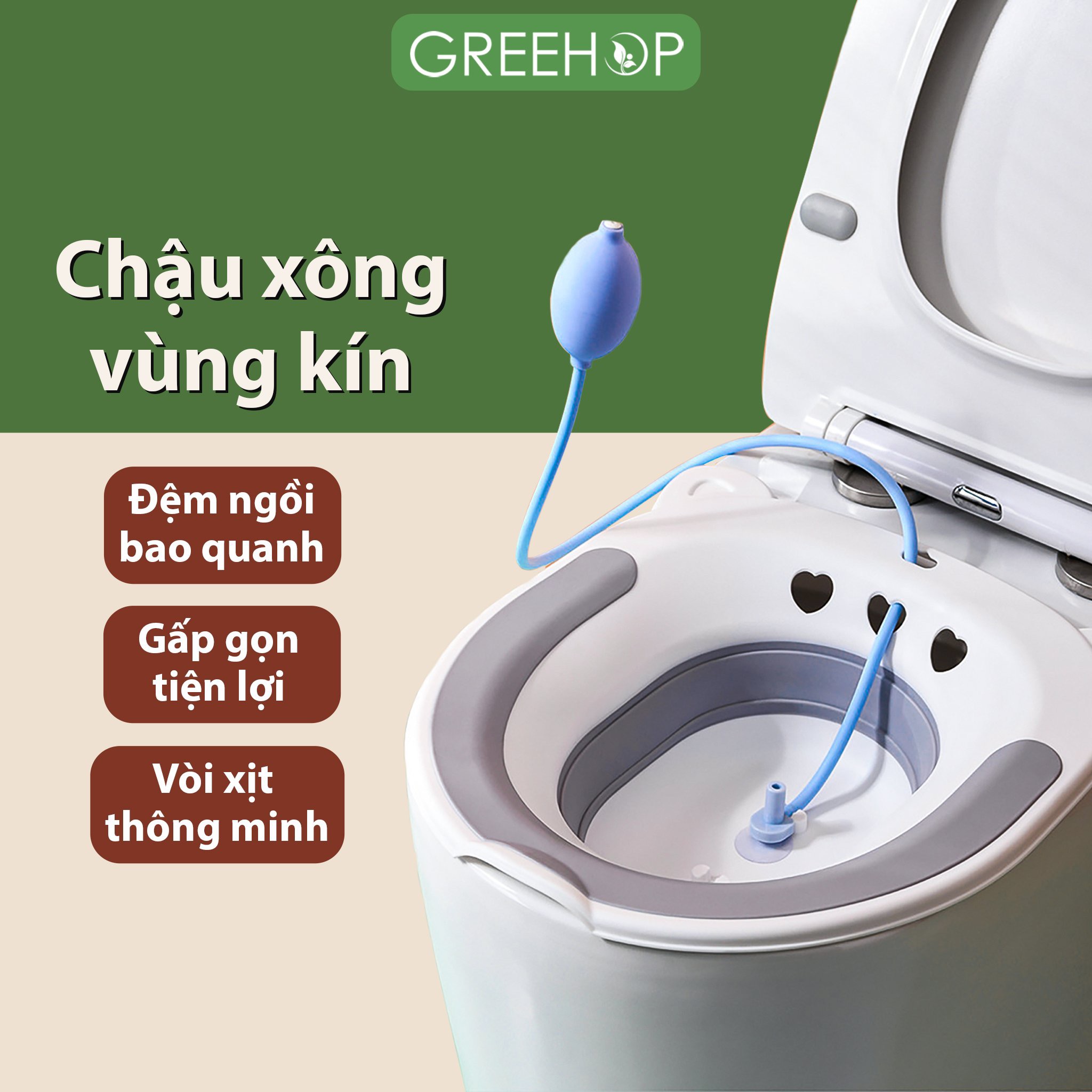 Chậu xông vùng kín gấp gọn gắn bồn cầu Greehop