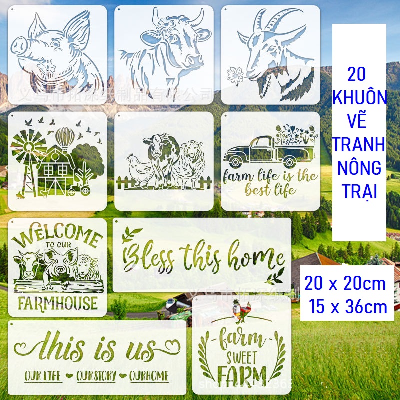 10 khuôn rỗng vẽ tranh chủ đề nông trại 20 x 20cm bằng nhựa tái sử dụng