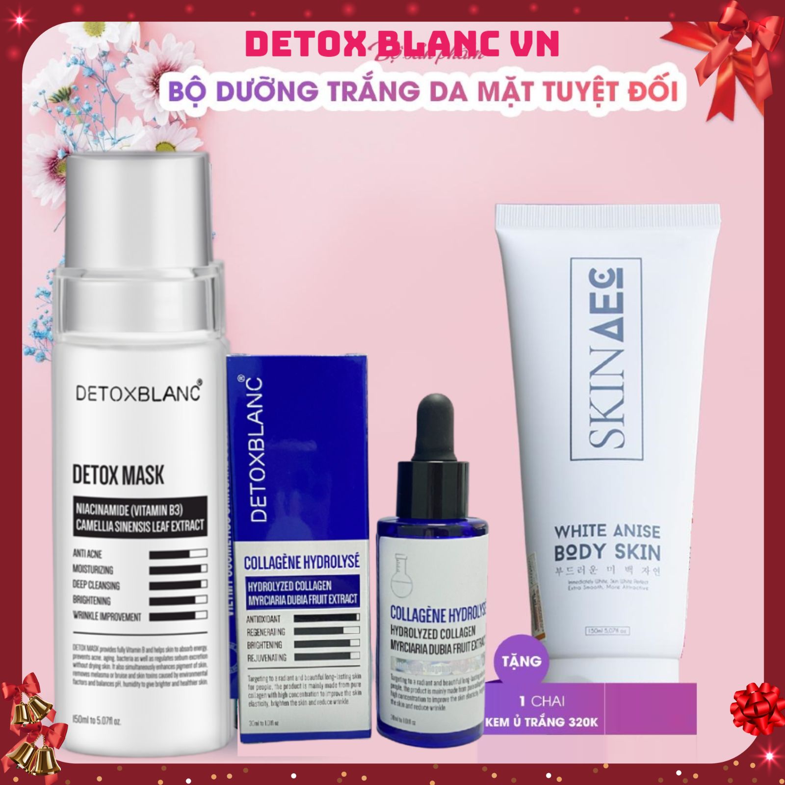 Bộ dưỡng trắng da mặt serum collagen detox mask detox blanc tặng ủ kích than hoạt tính 150ml
