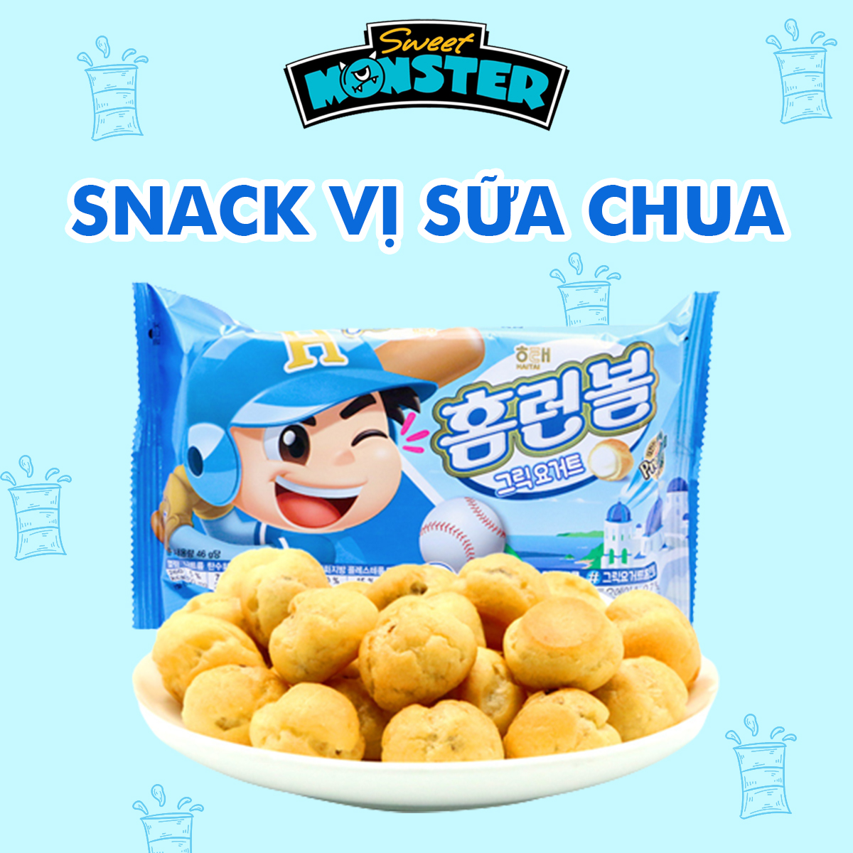 Snack viên nhân kem sữa chua Haitai, bim bim ăn vặt Homerun Ball Hàn Quốc 46g - 15725