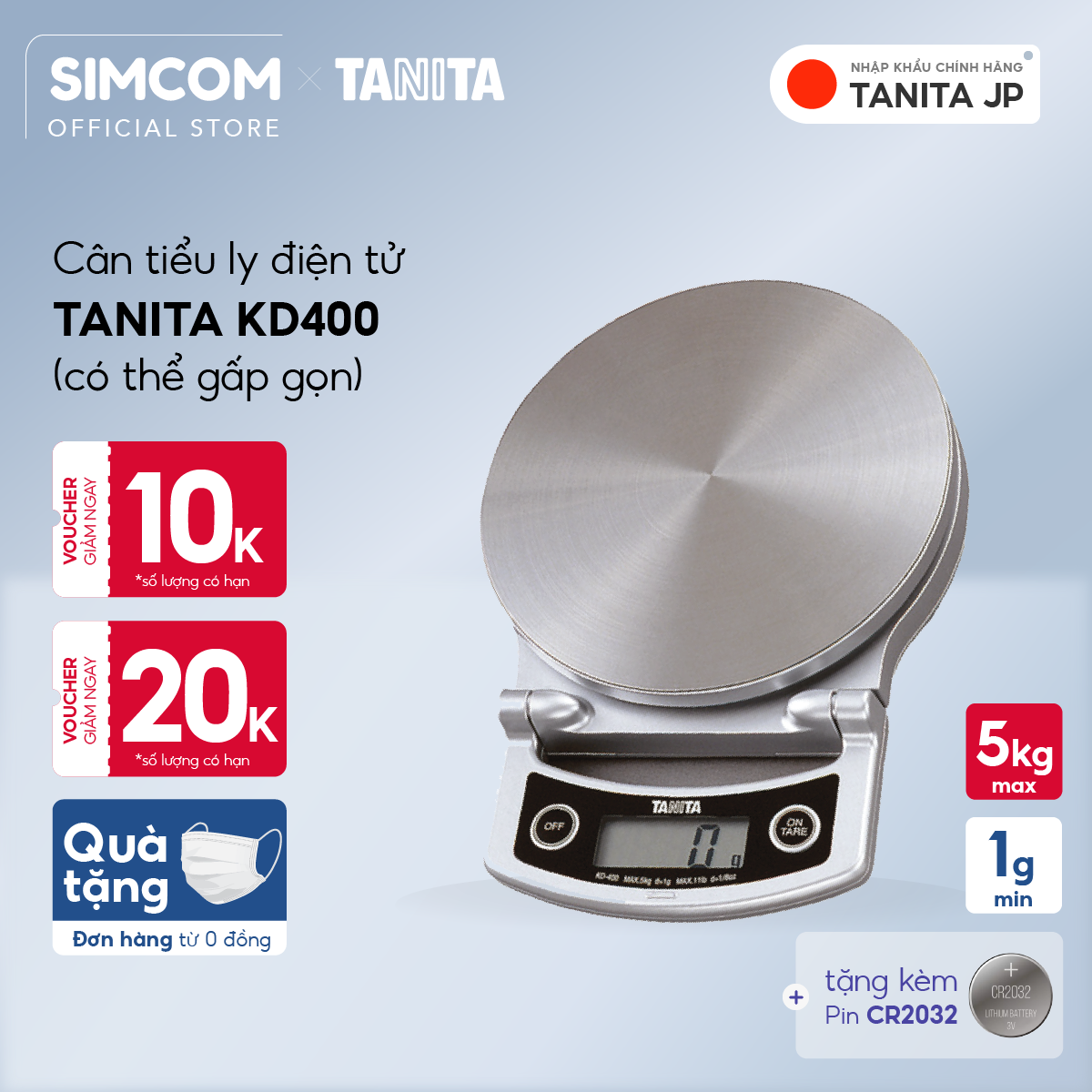 Cân tiểu ly điện tử TANITA KD400 5kg - 1g, hỗ trợ làm bánh, giảm cân, bảo hành chính hãng nhật bản 6 tháng, tặng pin, Simcom