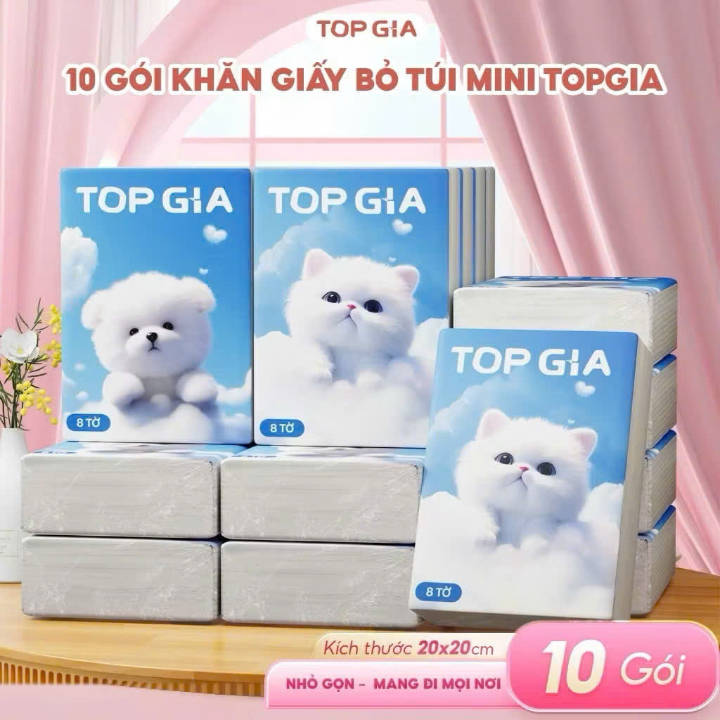 Bịch 10 gói khăn giấy mini TOPGIA, 1 gói 8 tờ, giấy bỏ túi cao cấp 4 lớp đanh dai mềm mịn