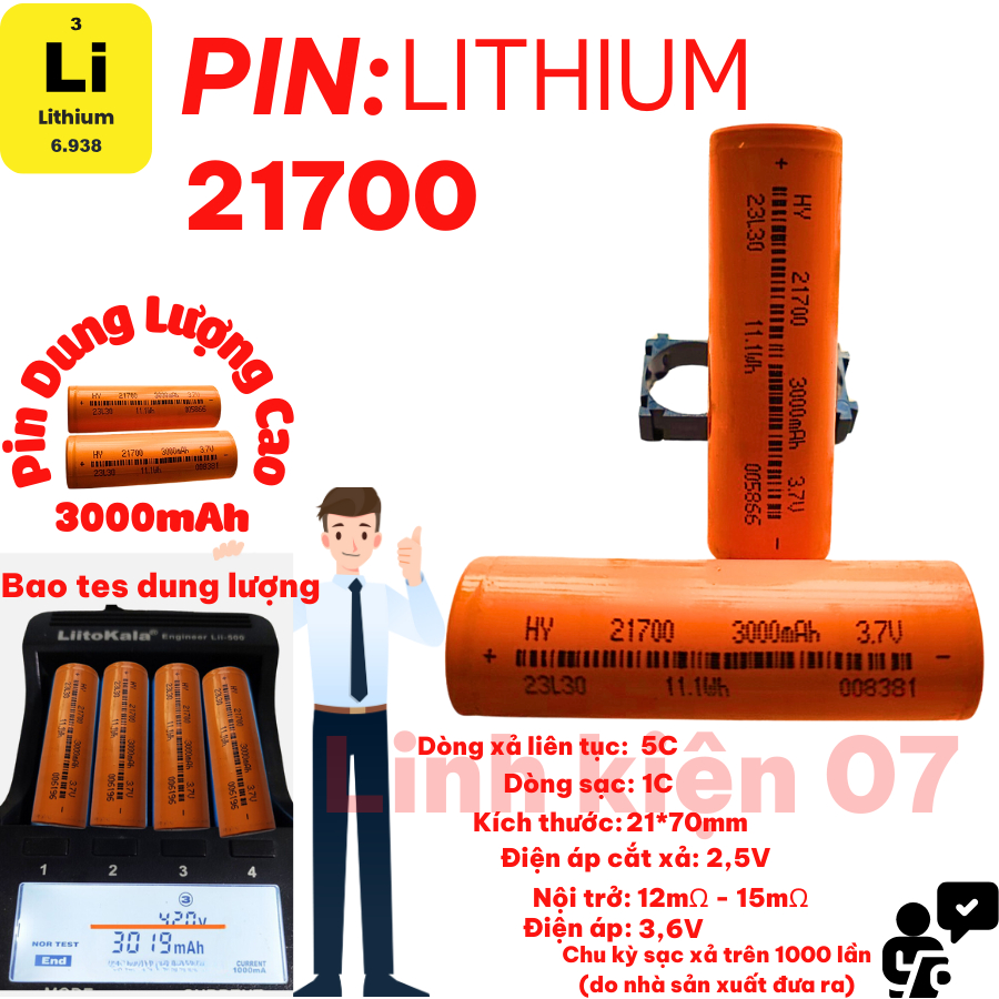 Pin li-ion 21700 3000mah lithium ion 21700 pin 3, 7v 3ah 3c - xả 15a