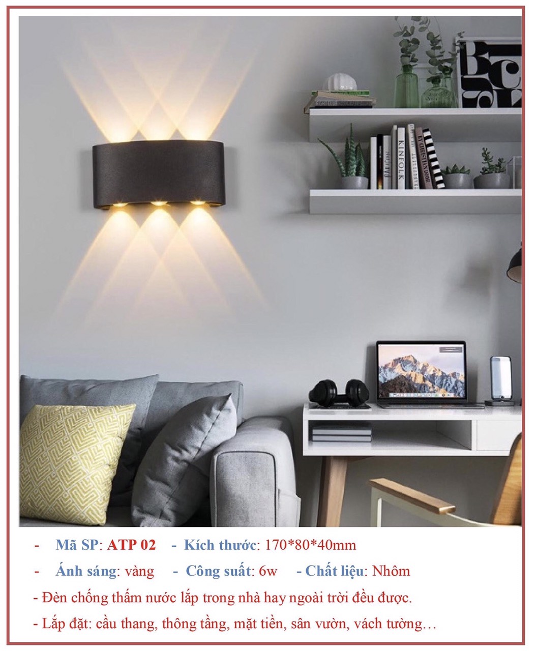 Đèn hắt tường, đèn tường ngoài trời, đèn hắt 6 tia ( BH 1 năm)