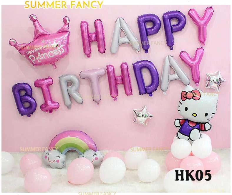 Set bong bóng mèo kitty vương miện hồng trang trí sinh nhật cho bé gái hồng - Happy Birthday phụ kiện
