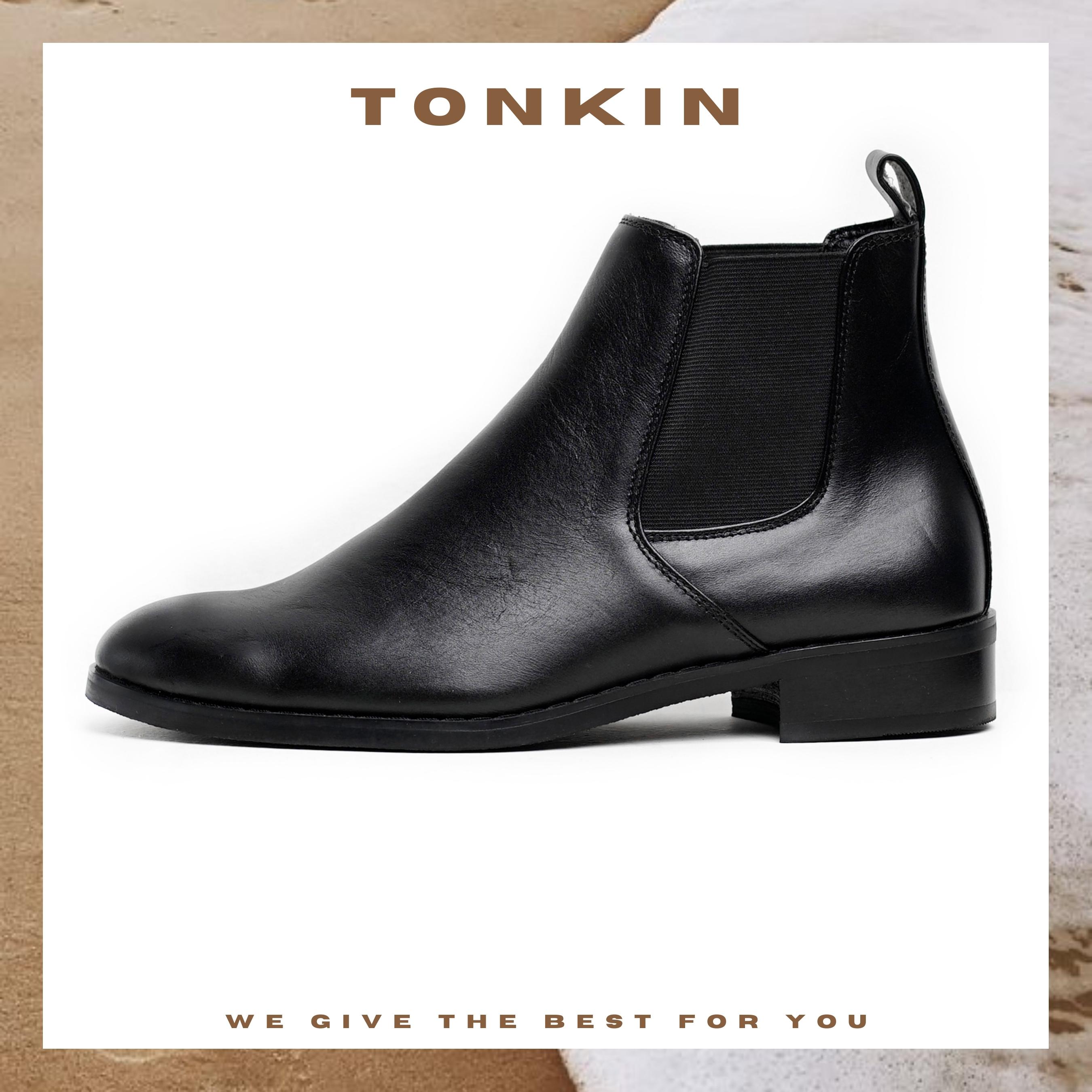 Giày boot nam cổ lửng màu đen CHELSEA, giày công sở da bò thật TONKIN AOTA