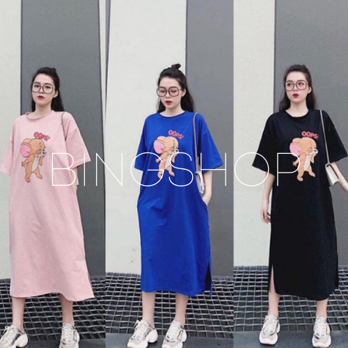 Đầm suông nữ - váy suông tay lỡ cổ tròn họa tiết chuột vải cotton dày đẹp freeship