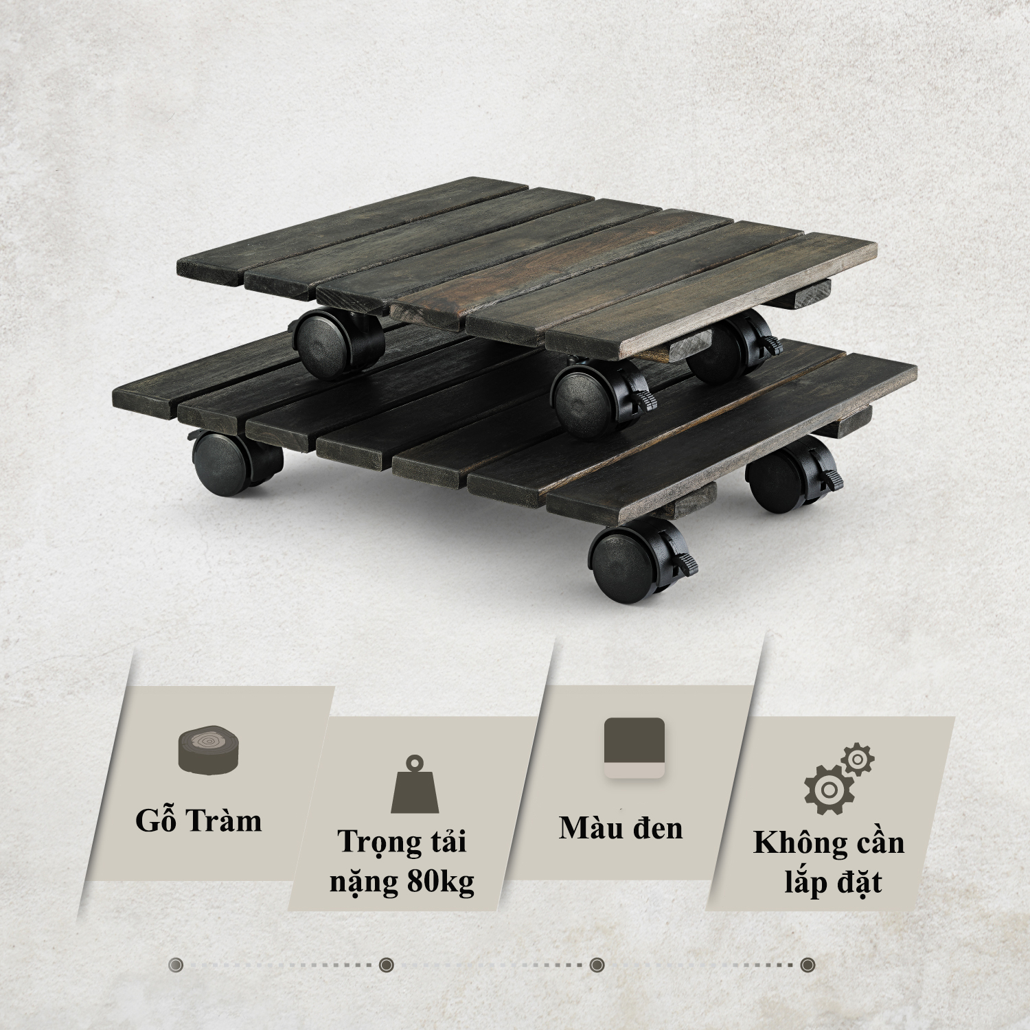 Đế gỗ đặt chậu cây hình vuông có bánh xe di chuyển - ban công xanh