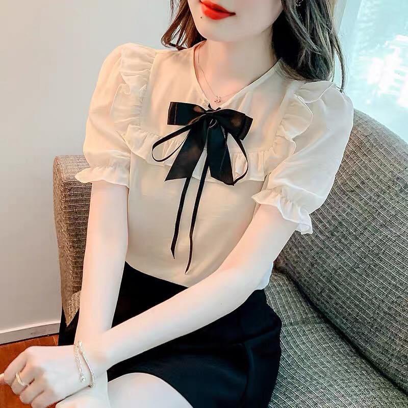 Áo sơ mi nữ đính nơ tay ngắn cổ tròn gloria shop 💖 - ảnh thật💖 sơ mi kiểu