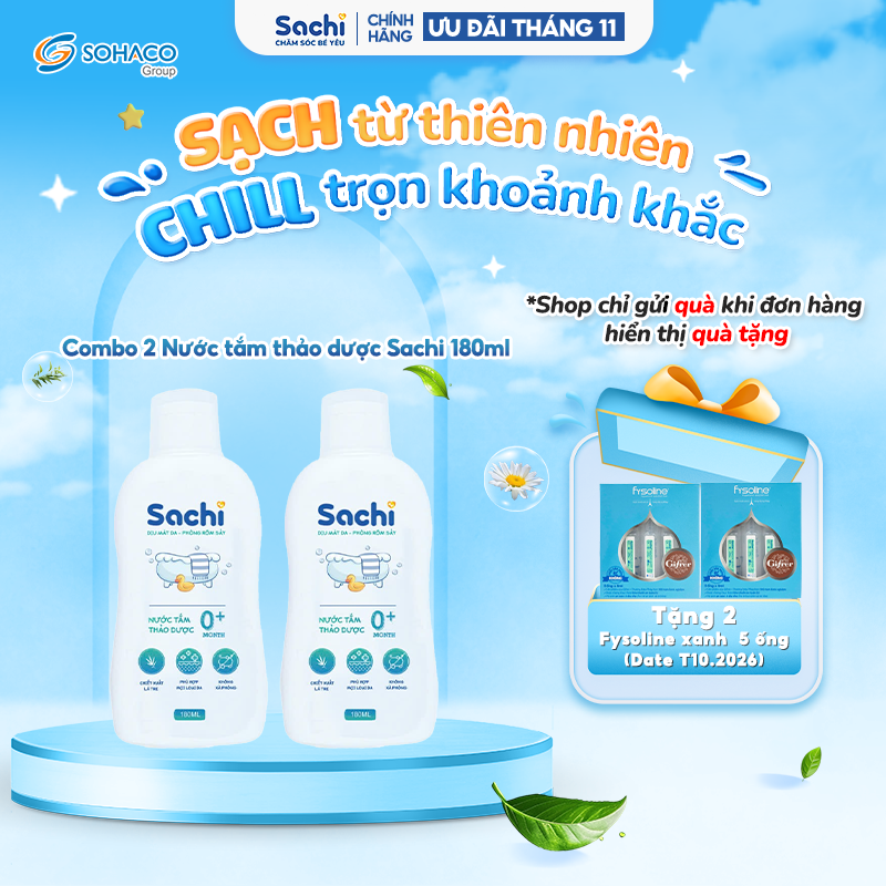 Combo 2 Nước tắm thảo dược an toàn cho bé Sachi chai 180ml làm sạch nhẹ nhàng diu mát da, hạn chế mảng bám da đầu