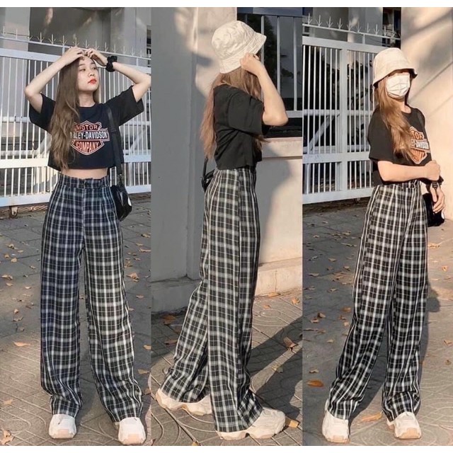 Quần caro ống rộng nữ màu đen siêu đẹp